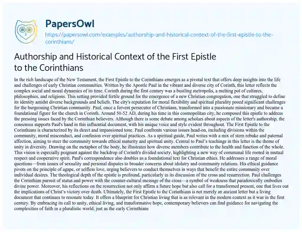 Essay on Authorship and Historical Context of the First Epistle to the Corinthians