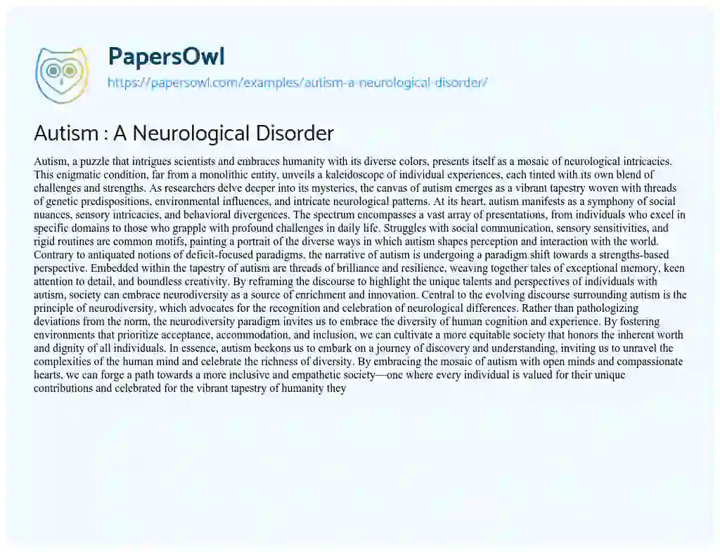 Essay on Autism : a Neurological Disorder