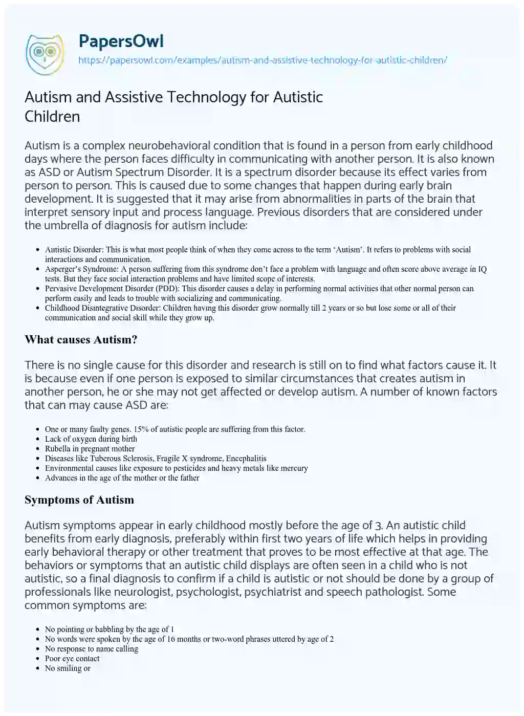 Essay on Autism and Assistive Technology for Autistic Children