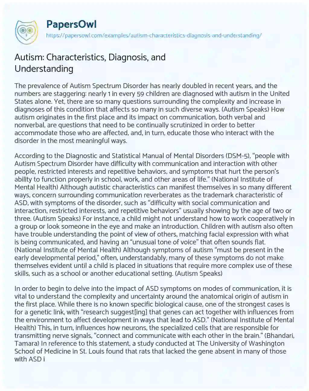 Autism: Characteristics, Diagnosis, and Understanding essay