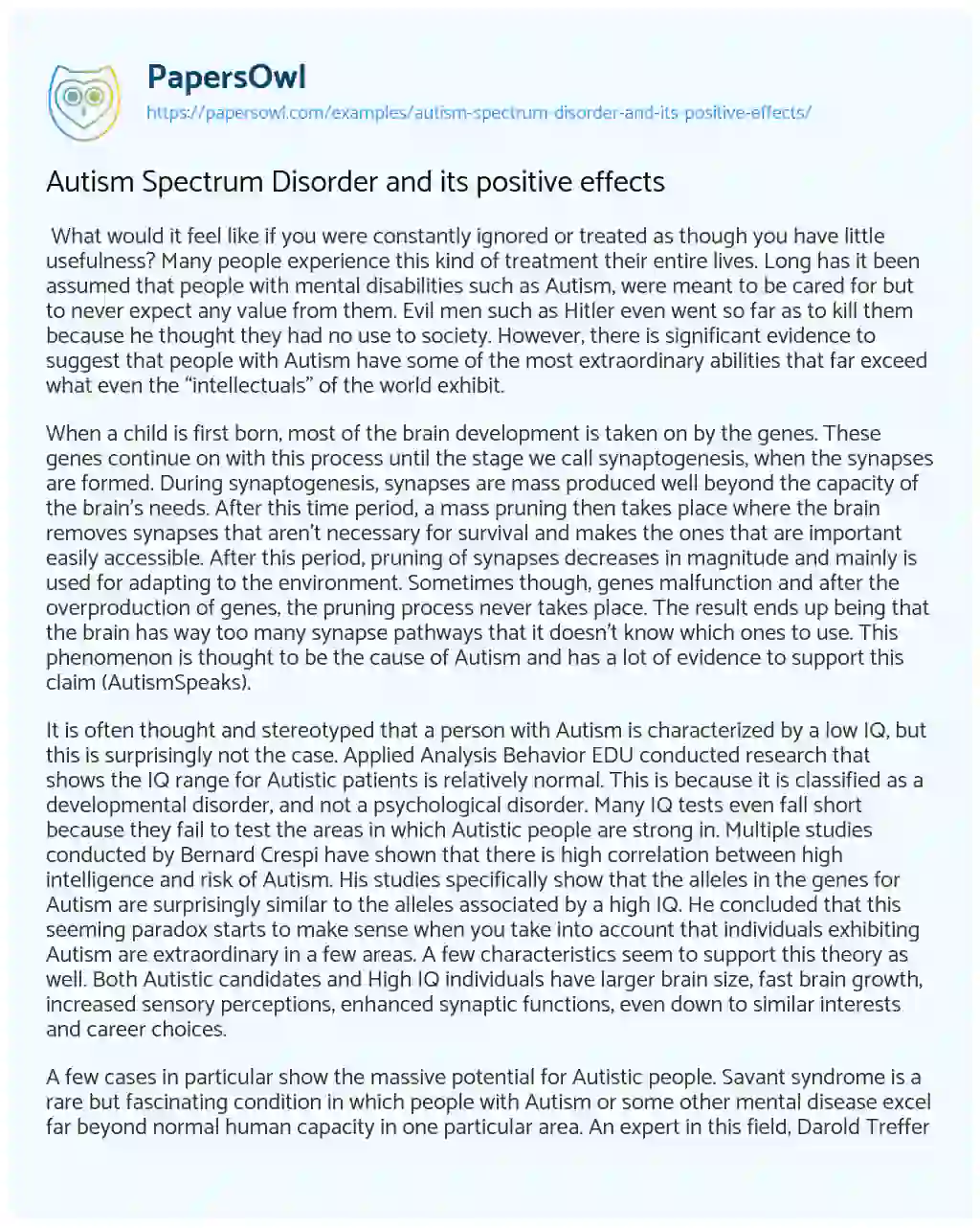 Essay on Autism Spectrum Disorder and its Positive Effects