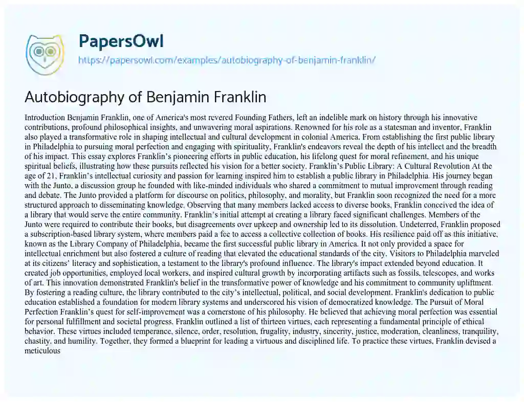 Essay on Autobiography of Benjamin Franklin