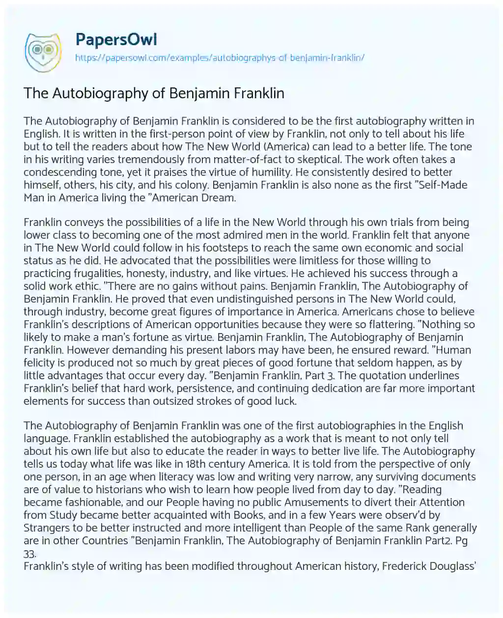Essay on The Autobiography of Benjamin Franklin