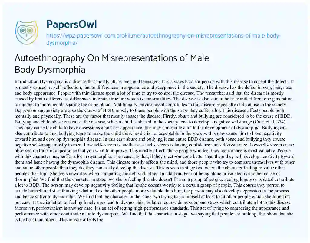 Essay on Autoethnography on Misrepresentations of Male Body Dysmorphia