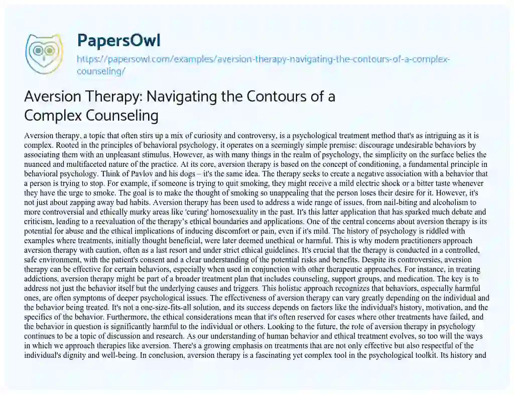 Essay on Aversion Therapy: Navigating the Contours of a Complex Counseling