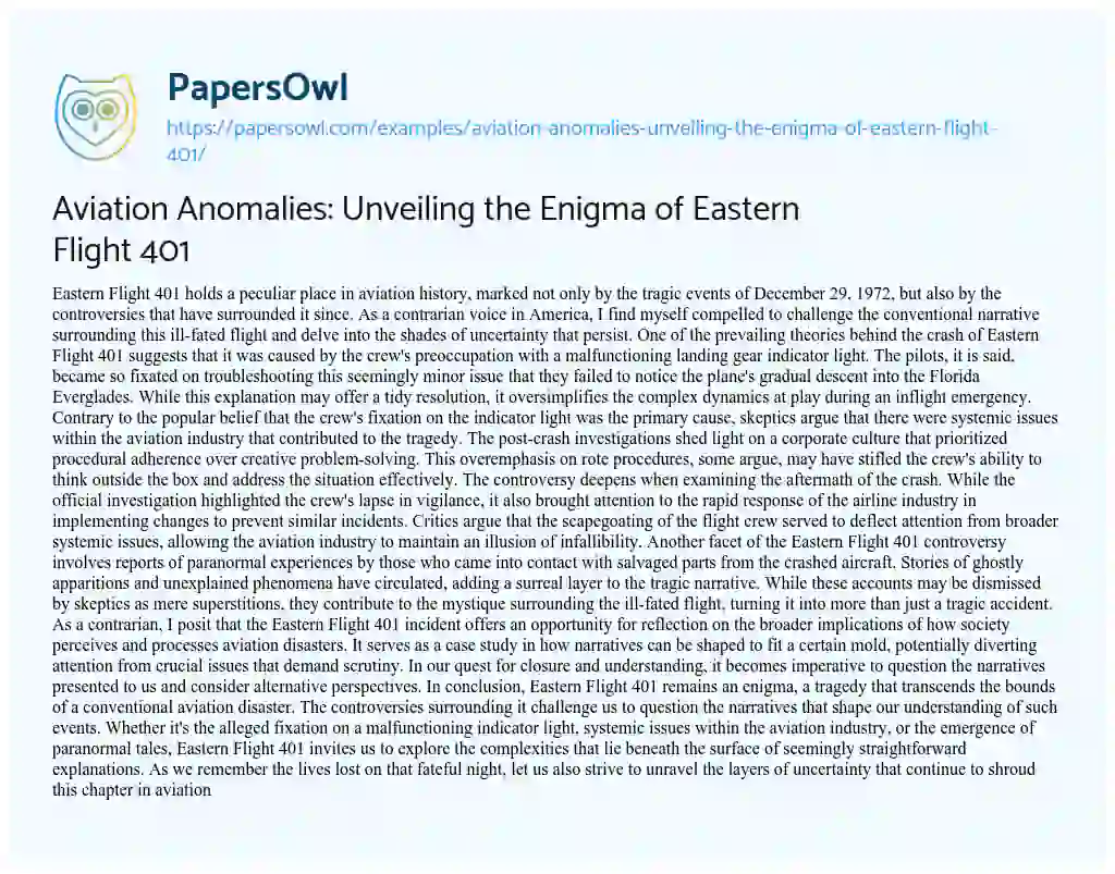 Essay on Aviation Anomalies: Unveiling the Enigma of Eastern Flight 401