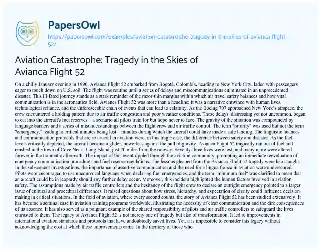 Essay on Aviation Catastrophe: Tragedy in the Skies of Avianca Flight 52