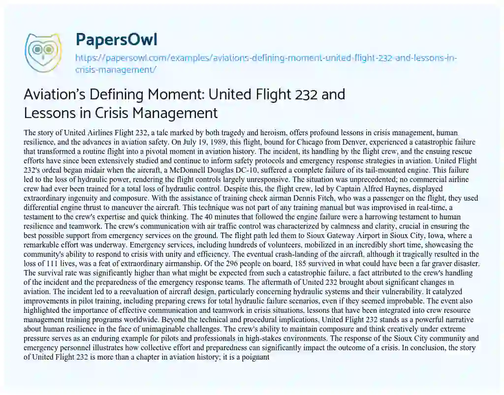 Essay on Aviation’s Defining Moment: United Flight 232 and Lessons in Crisis Management