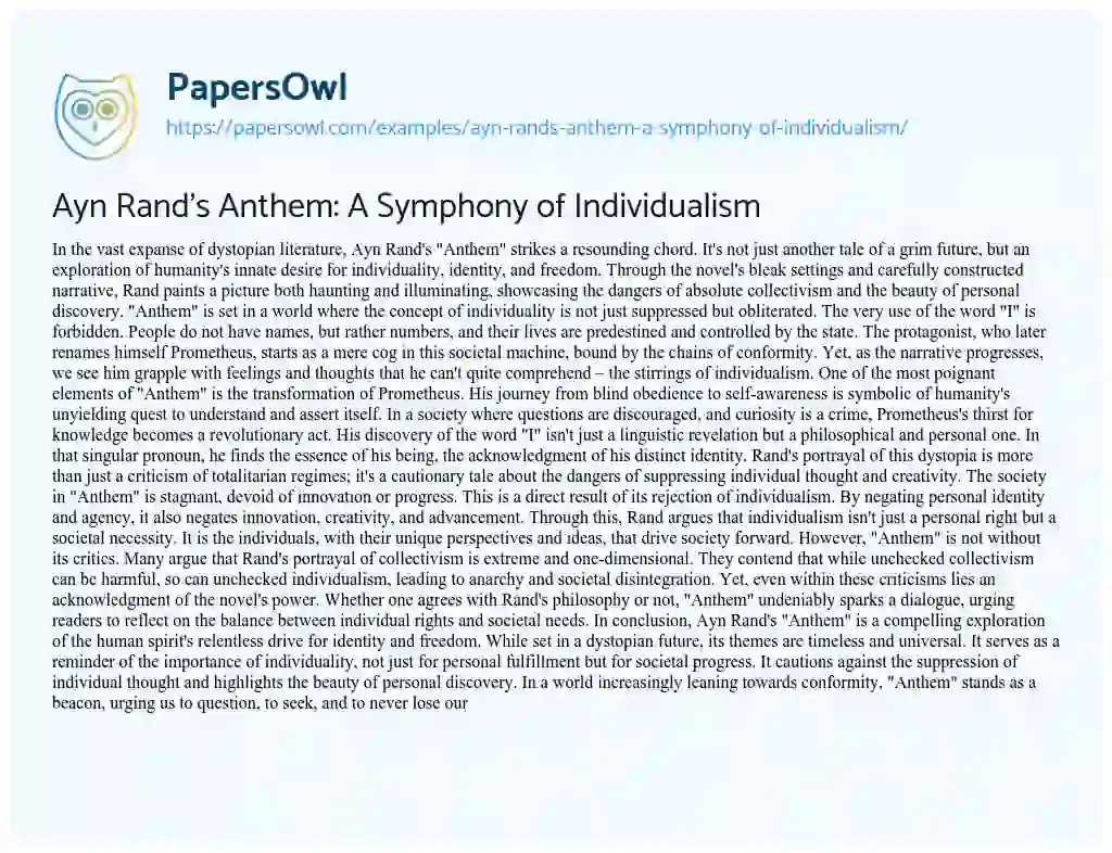 Essay on Ayn Rand’s Anthem: a Symphony of Individualism