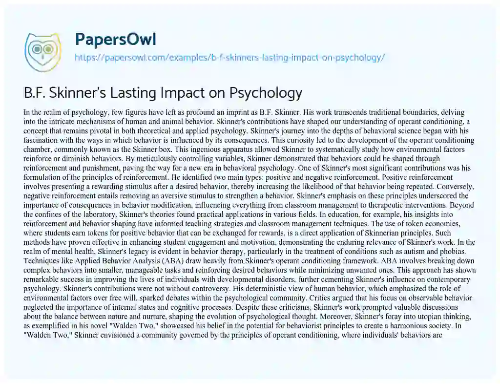 Essay on B.F. Skinner’s Lasting Impact on Psychology