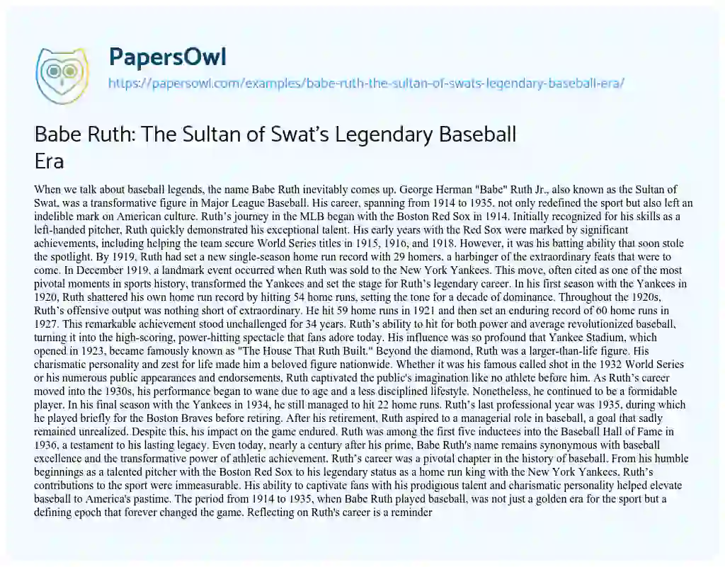 Essay on Babe Ruth: the Sultan of Swat’s Legendary Baseball Era