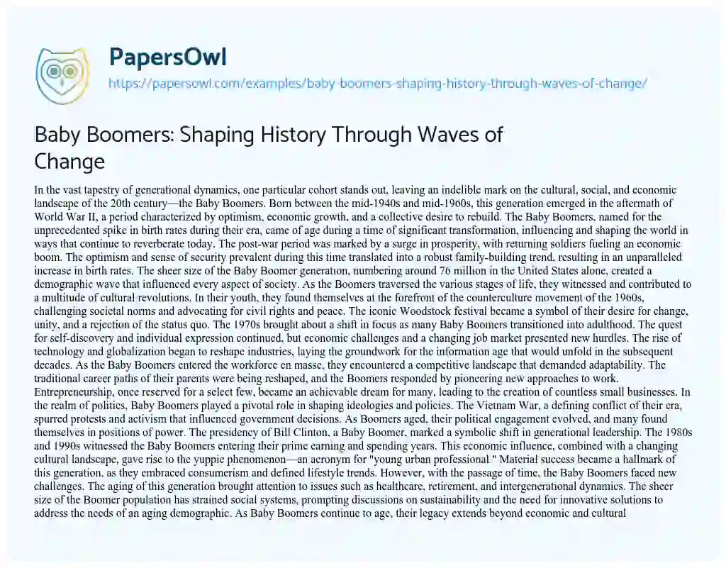 Essay on Baby Boomers: Shaping History through Waves of Change