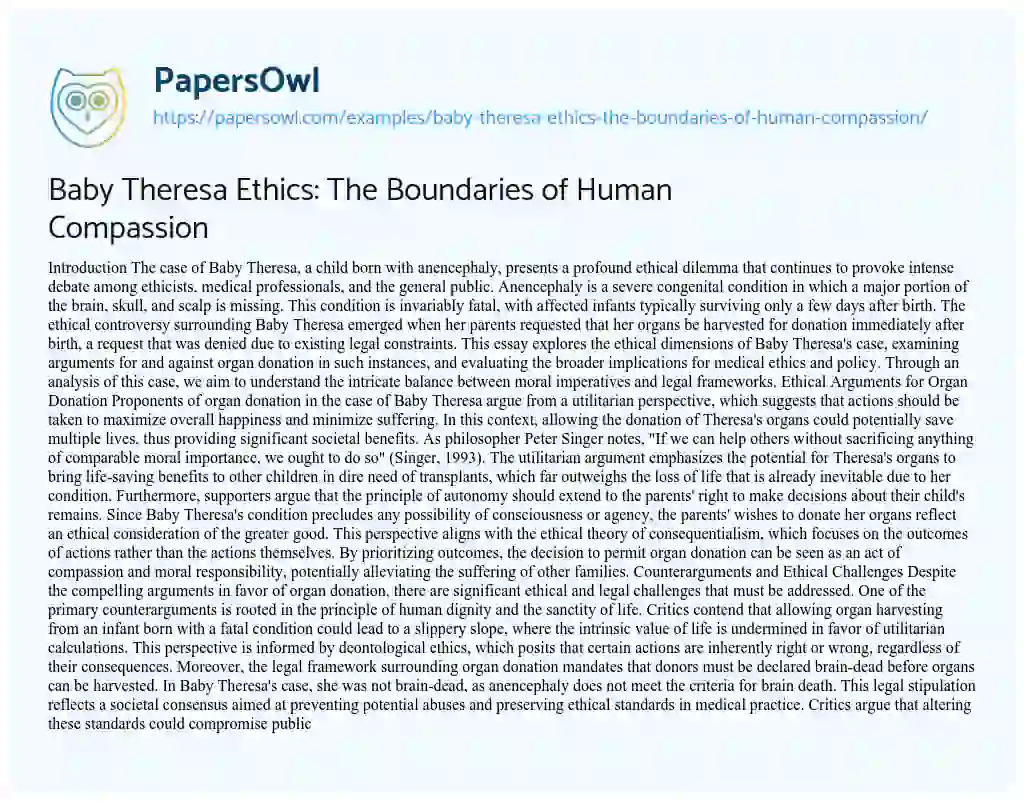 Essay on Baby Theresa Ethics: The Boundaries of Human Compassion