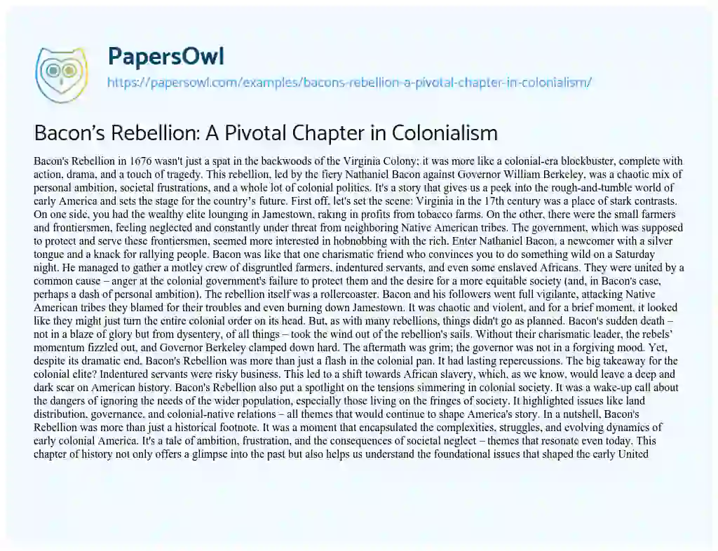 Essay on Bacon’s Rebellion: a Pivotal Chapter in Colonialism