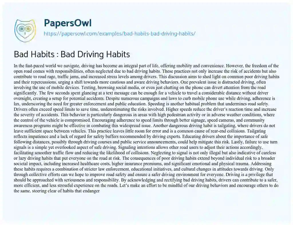 Essay on Bad Habits : Bad Driving Habits