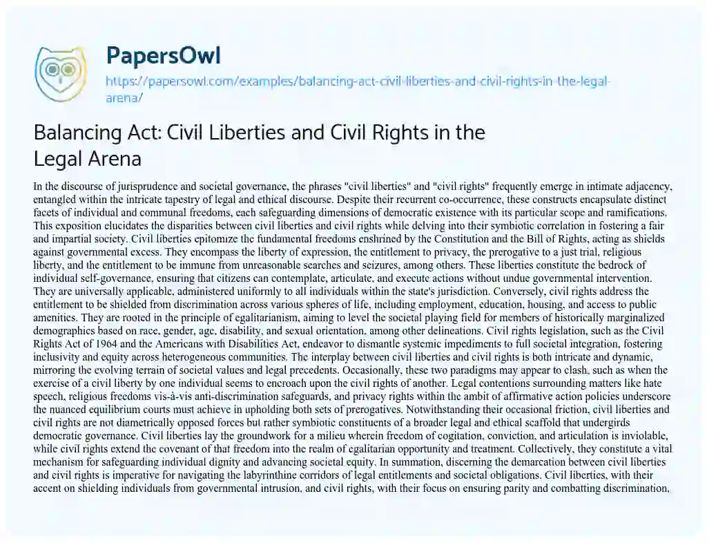 Essay on Balancing Act: Civil Liberties and Civil Rights in the Legal Arena