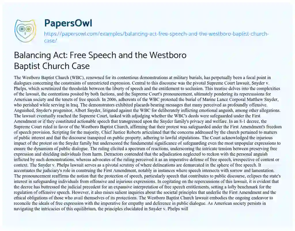 Essay on Balancing Act: Free Speech and the Westboro Baptist Church Case