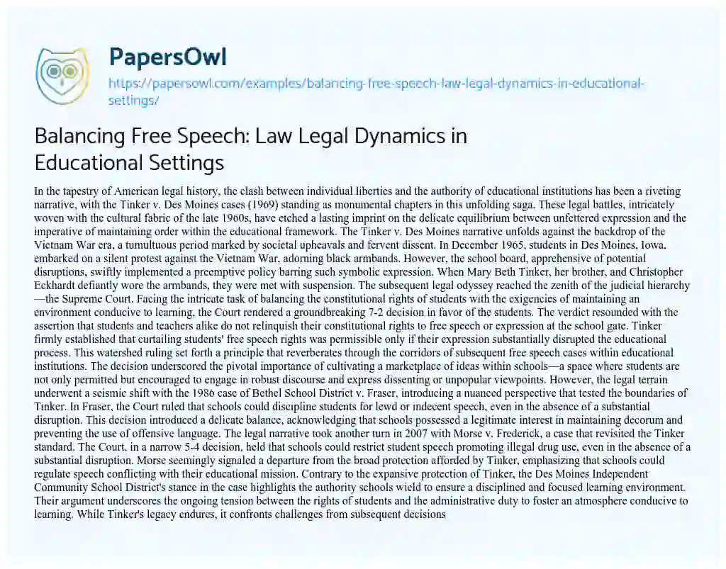 Essay on Balancing Free Speech: Law Legal Dynamics in Educational Settings