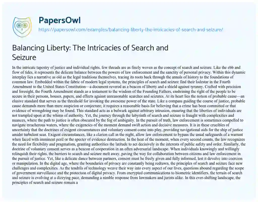 Essay on Balancing Liberty: the Intricacies of Search and Seizure