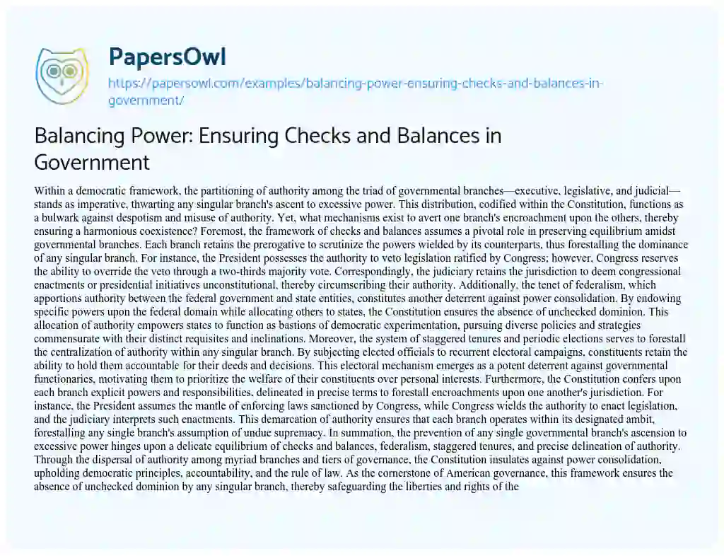 Essay on Balancing Power: Ensuring Checks and Balances in Government