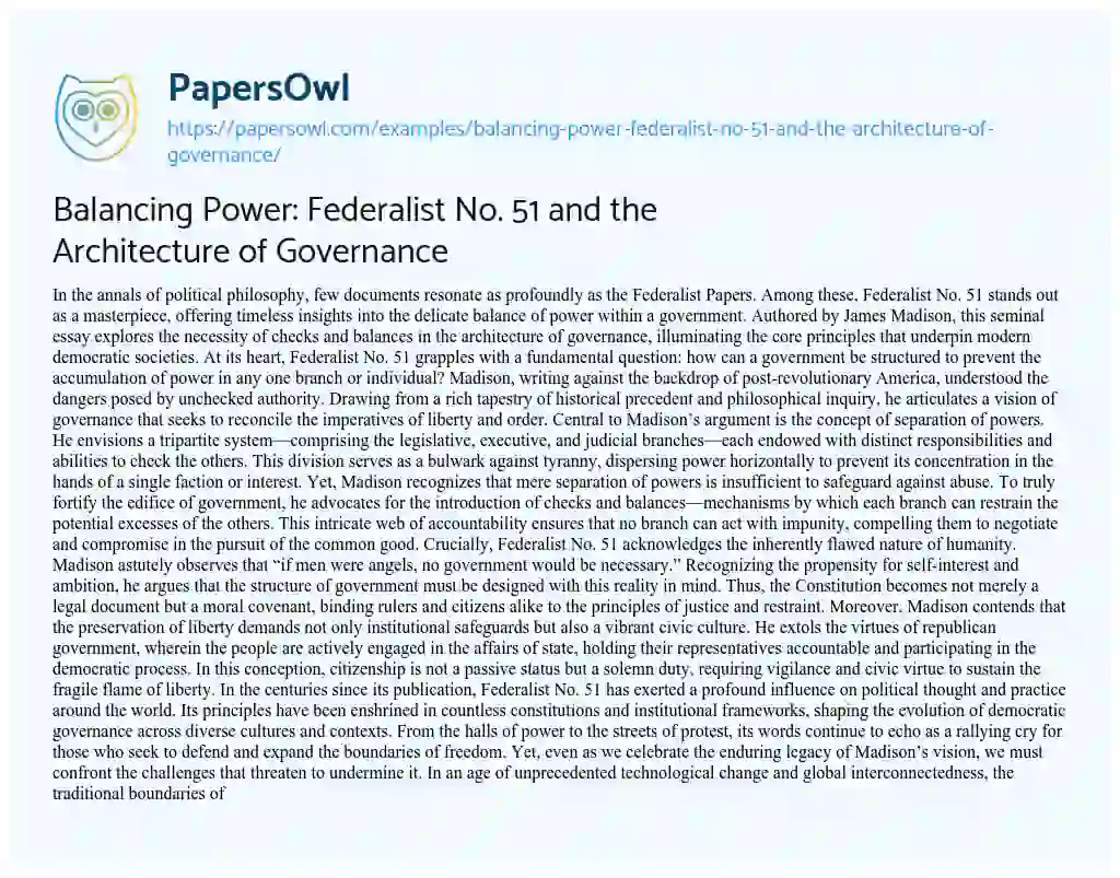 Essay on Balancing Power: Federalist No. 51 and the Architecture of Governance