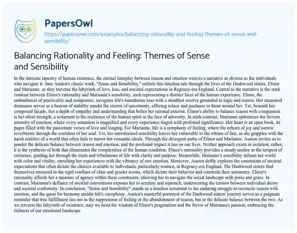Essay on Balancing Rationality and Feeling: Themes of Sense and Sensibility