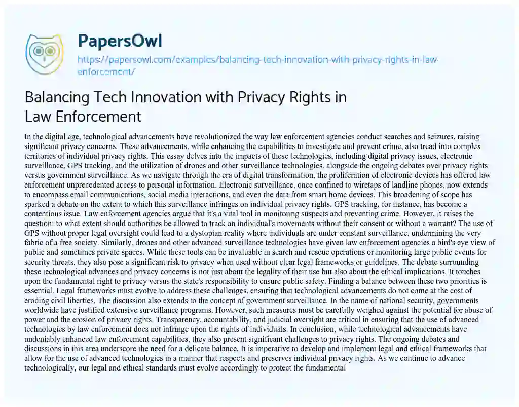 Essay on Balancing Tech Innovation with Privacy Rights in Law Enforcement