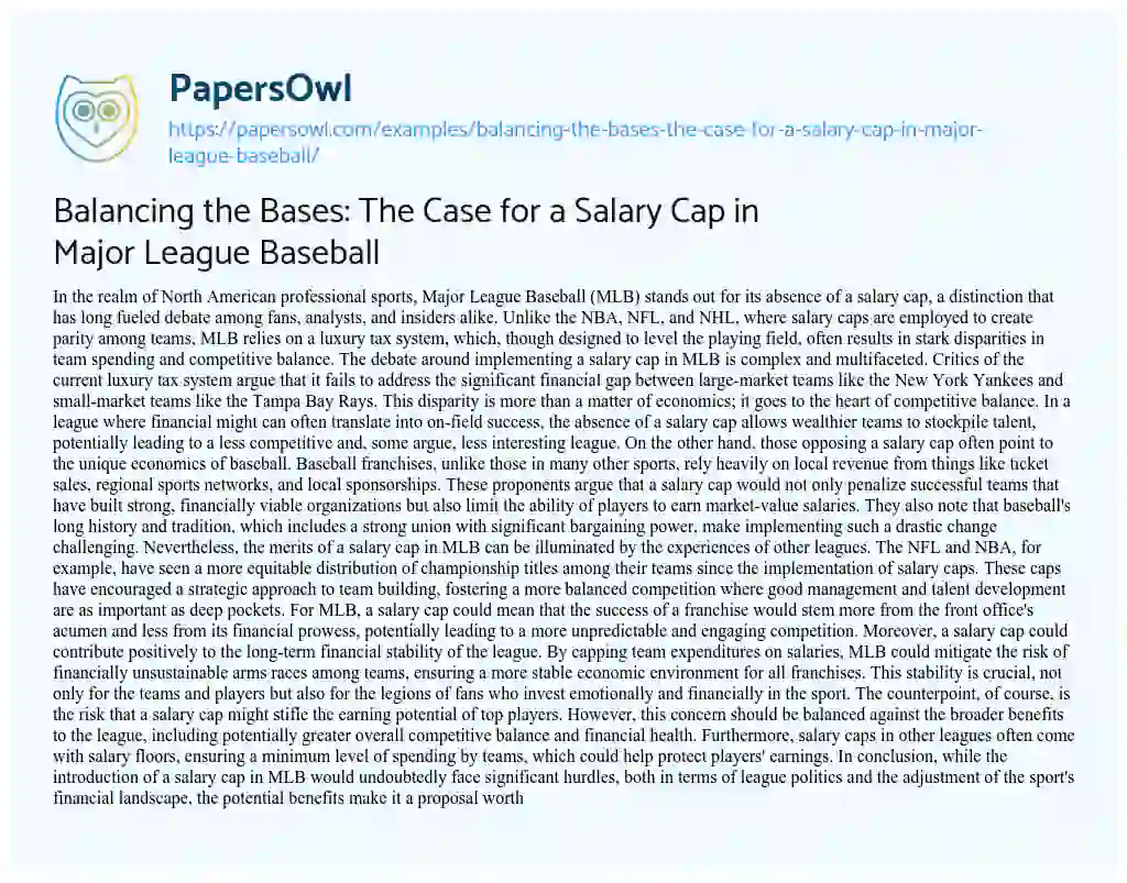 Essay on Balancing the Bases: the Case for a Salary Cap in Major League Baseball