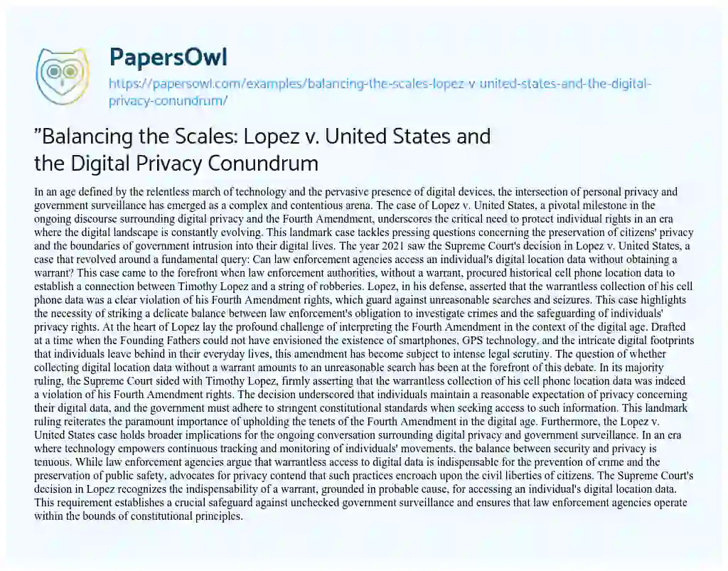 Essay on “Balancing the Scales: Lopez V. United States and the Digital Privacy Conundrum