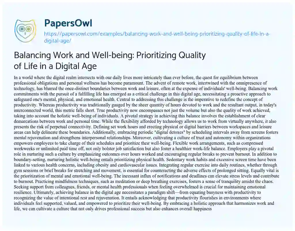 Essay on Balancing Work and Well-being: Prioritizing Quality of Life in a Digital Age