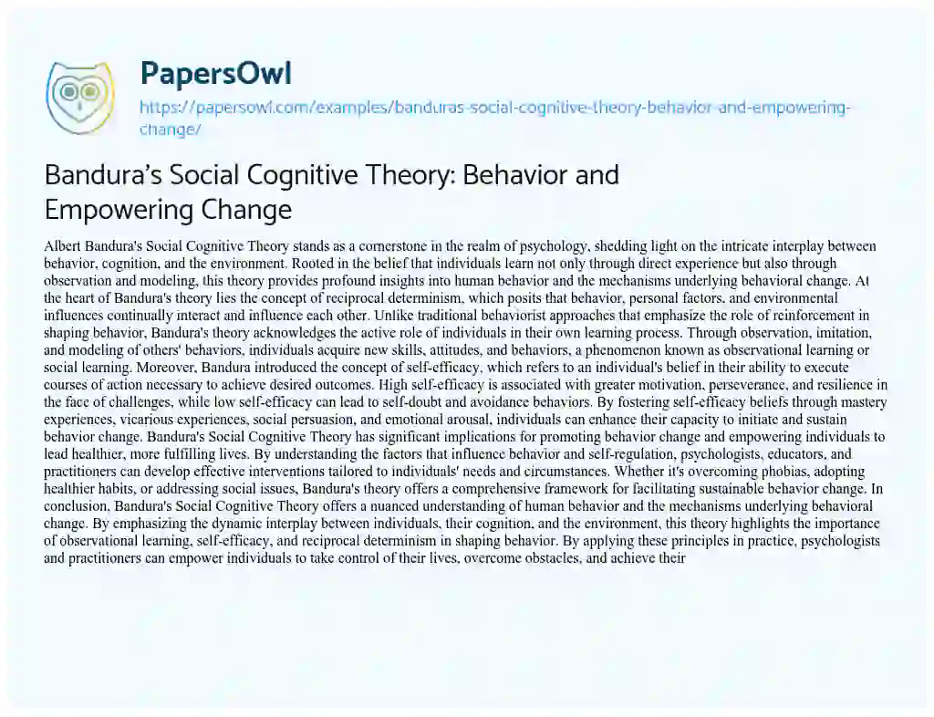 Essay on Bandura’s Social Cognitive Theory: Behavior and Empowering Change