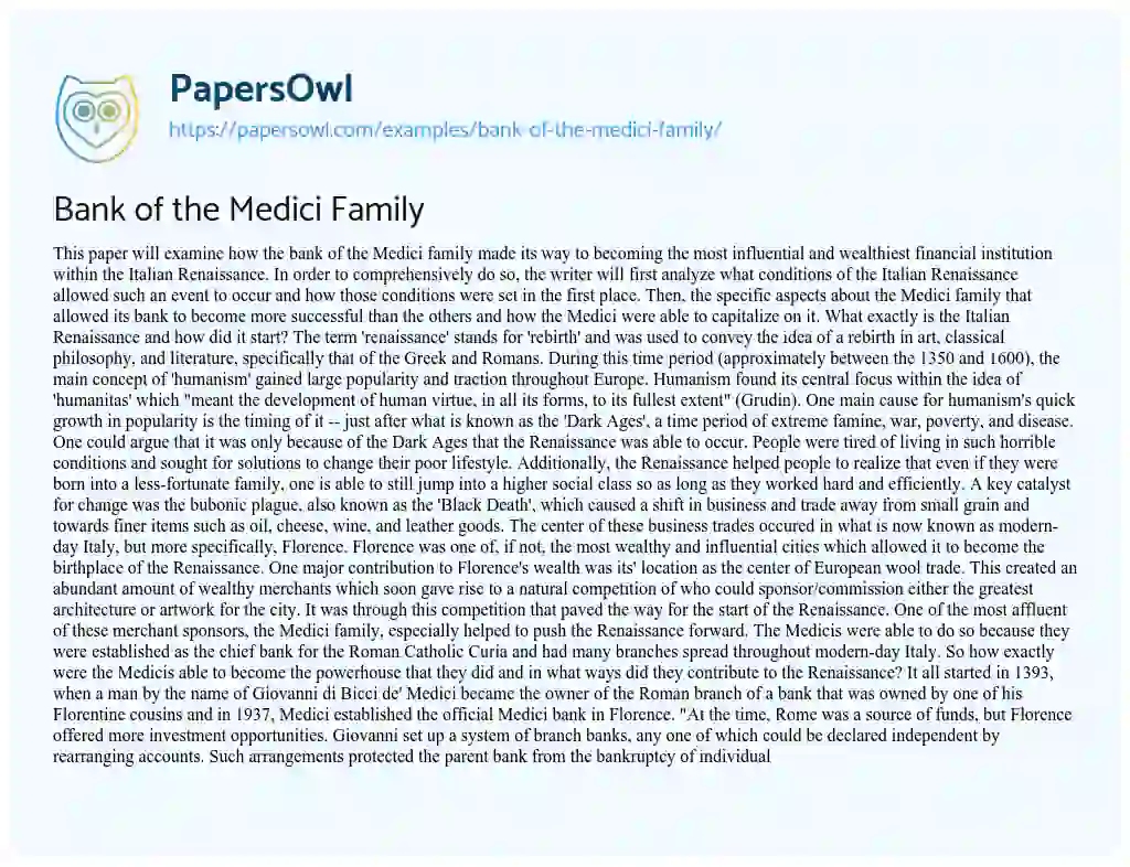 Bank of the Medici Family essay