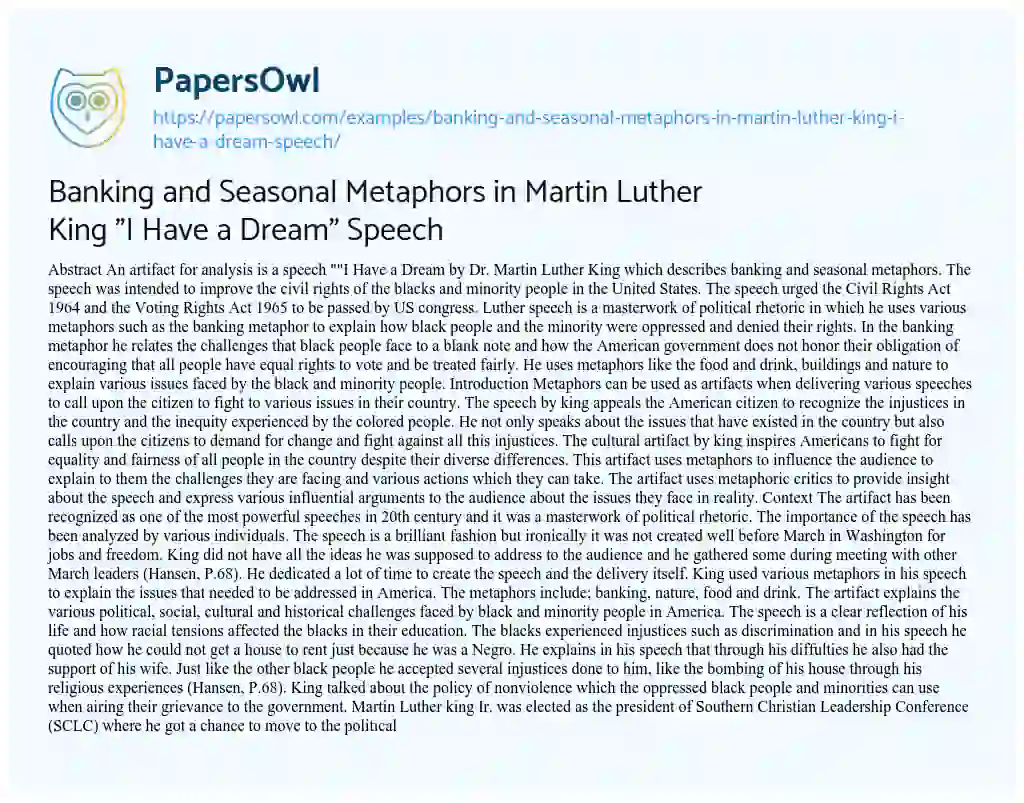 Essay on Banking and Seasonal Metaphors in Martin Luther King “I have a Dream” Speech