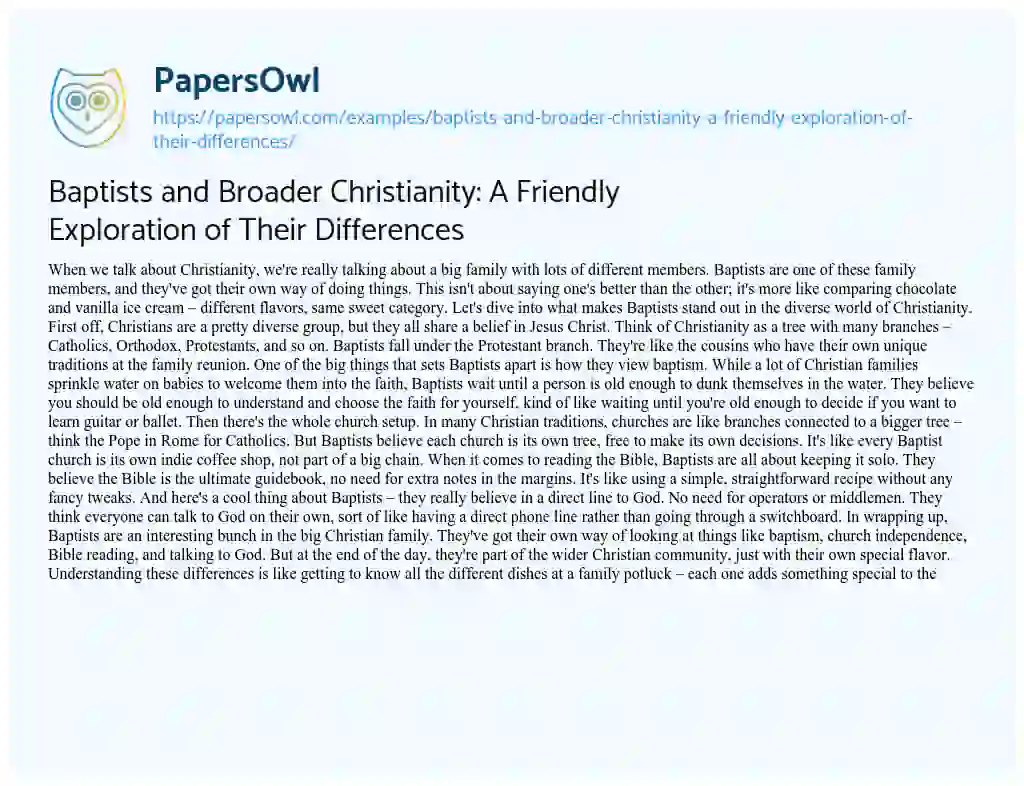 Essay on Baptists and Broader Christianity: a Friendly Exploration of their Differences