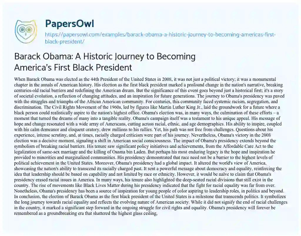 Essay on Barack Obama: a Historic Journey to Becoming America’s First Black President