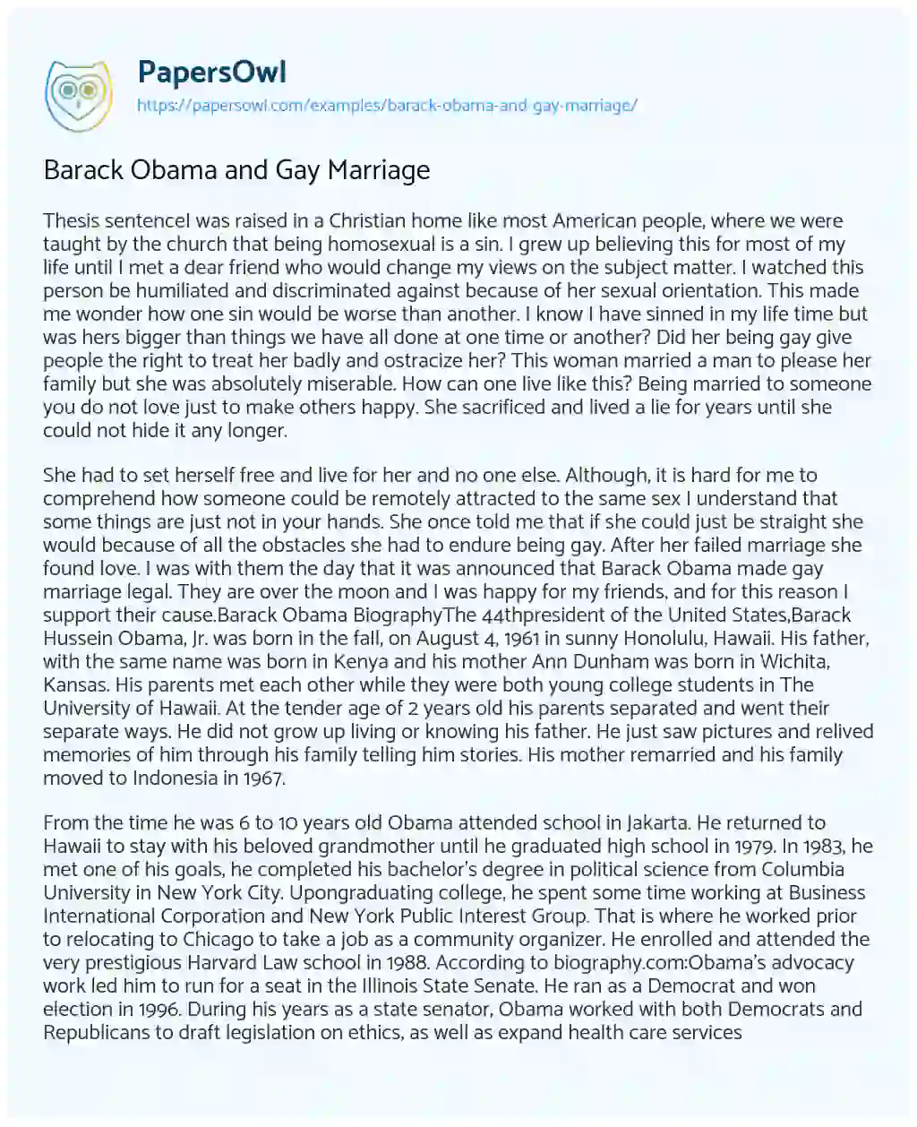 Essay on Barack Obama and Gay Marriage