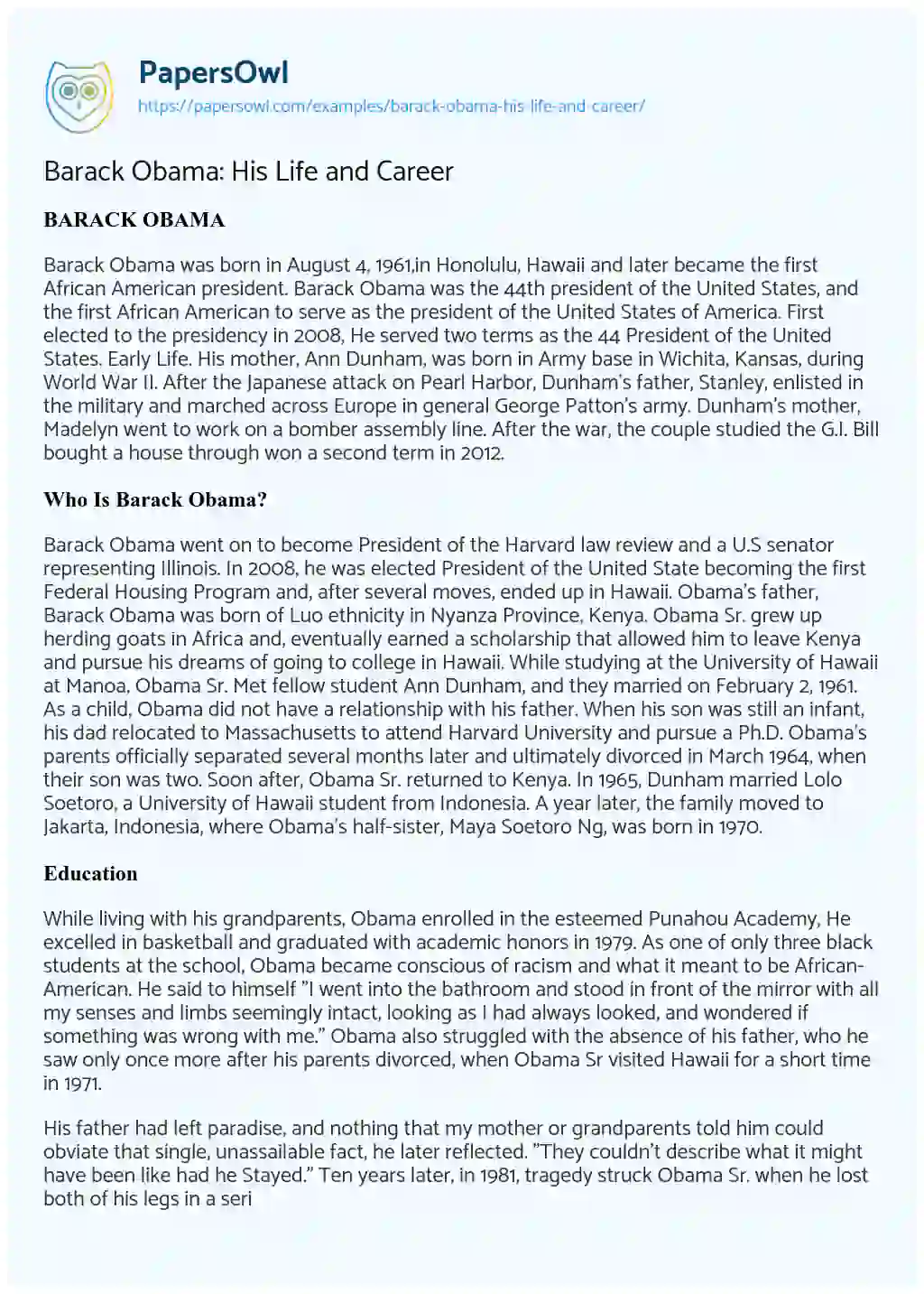 Essay on Barack Obama: his Life and Career