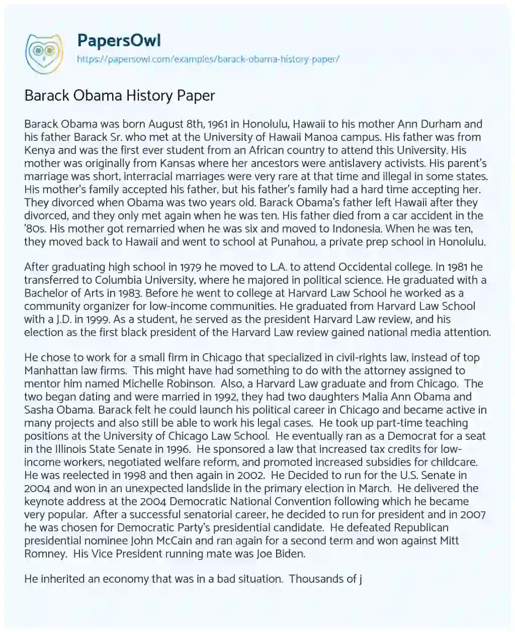 Essay on Barack Obama History Paper