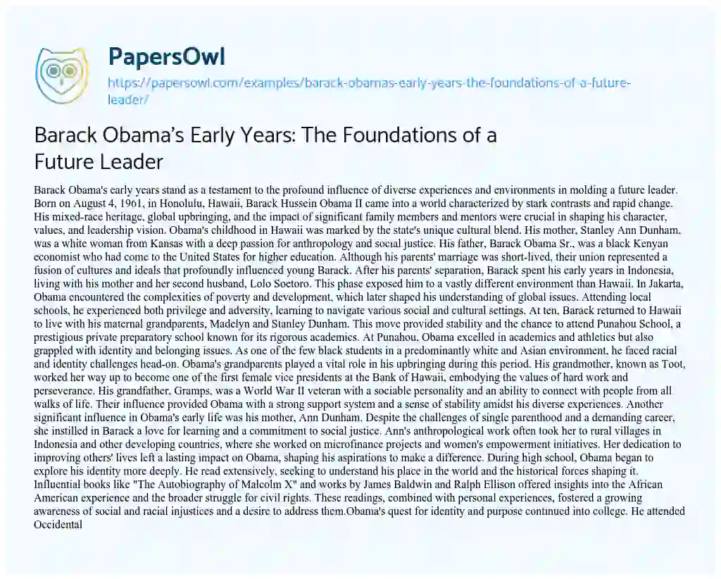 Essay on Barack Obama’s Early Years: the Foundations of a Future Leader