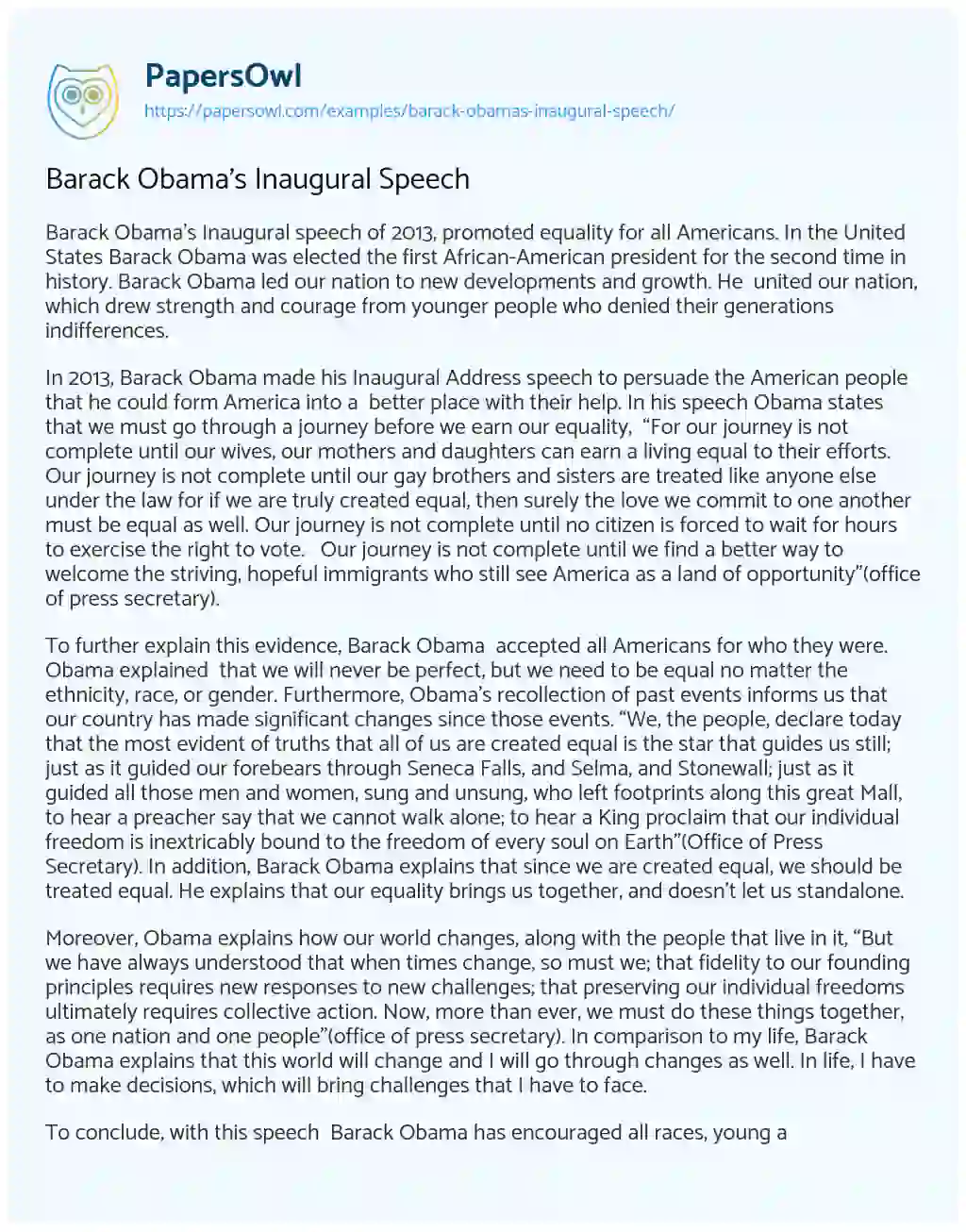 Essay on Barack Obama’s Inaugural Speech