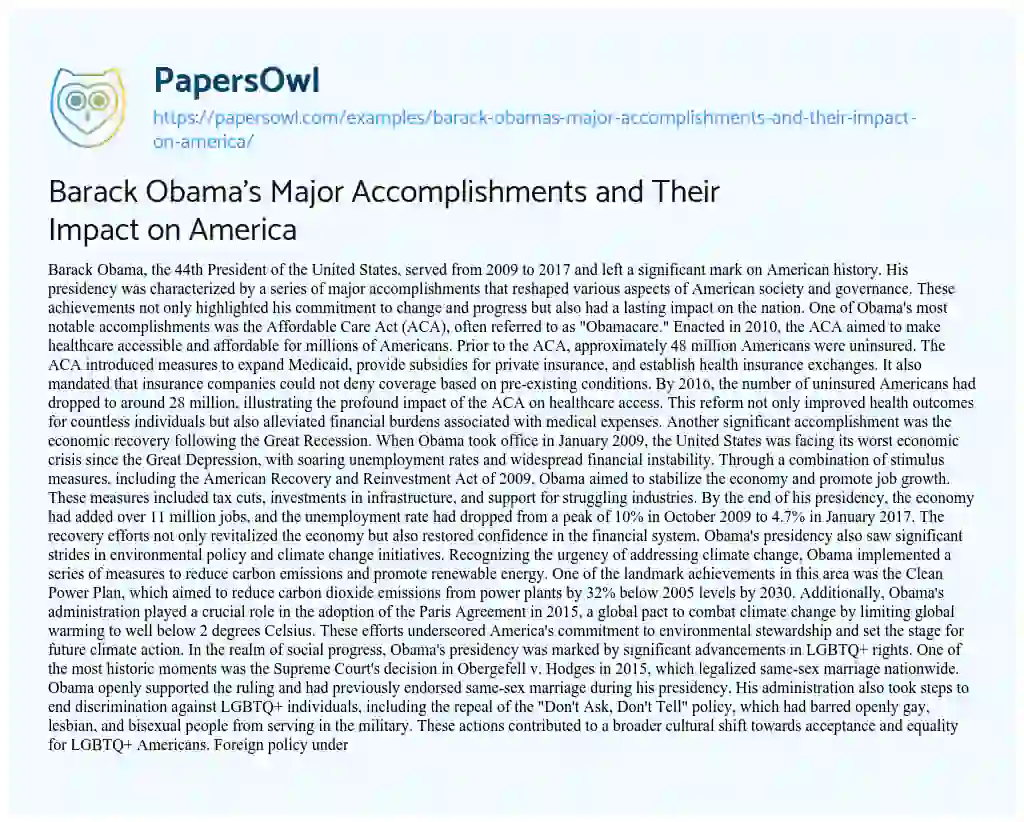 Essay on Barack Obama’s Major Accomplishments and their Impact on America