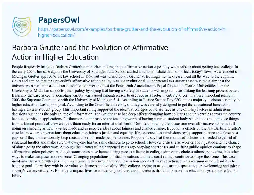 Essay on Barbara Grutter and the Evolution of Affirmative Action in Higher Education