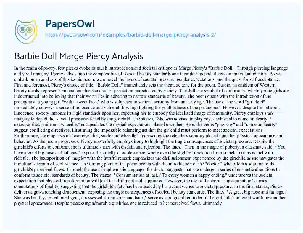 Essay on Barbie Doll Marge Piercy Analysis