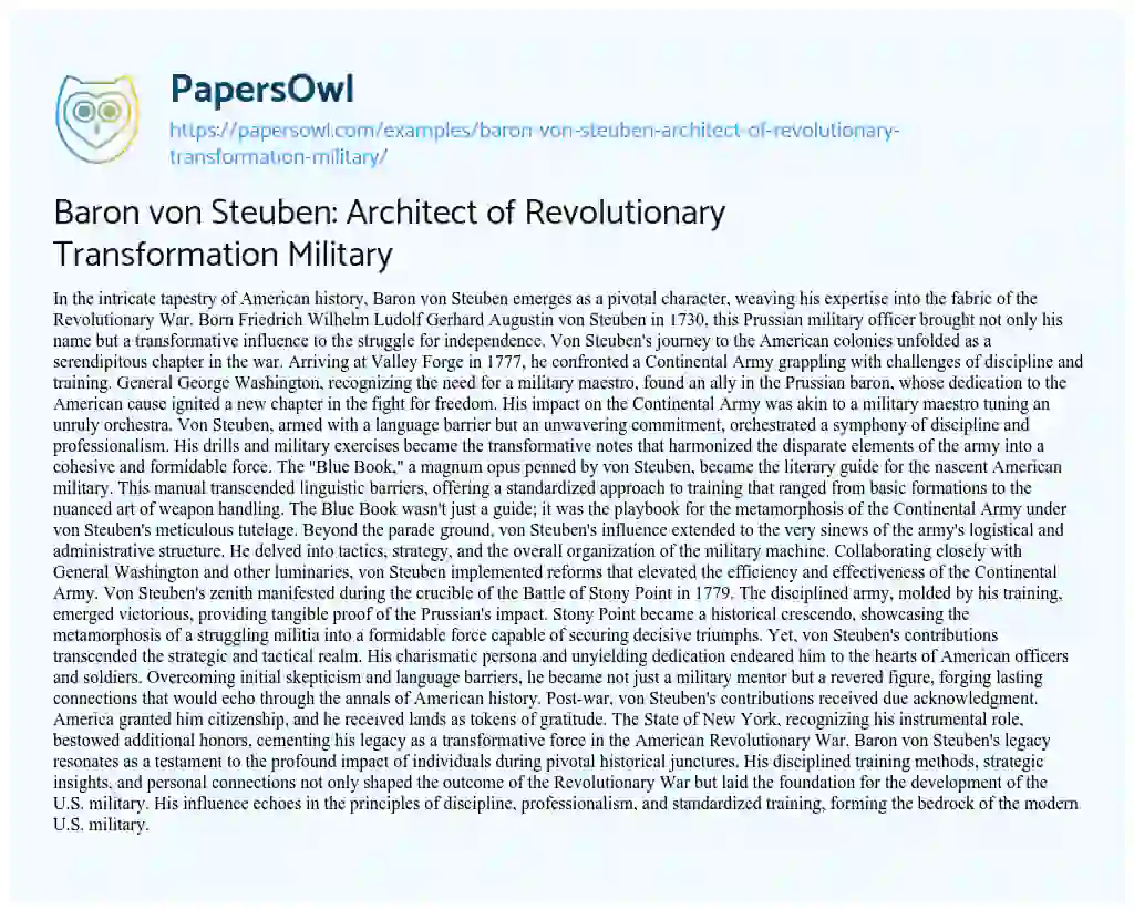 Essay on Baron Von Steuben: Architect of Revolutionary Transformation Military