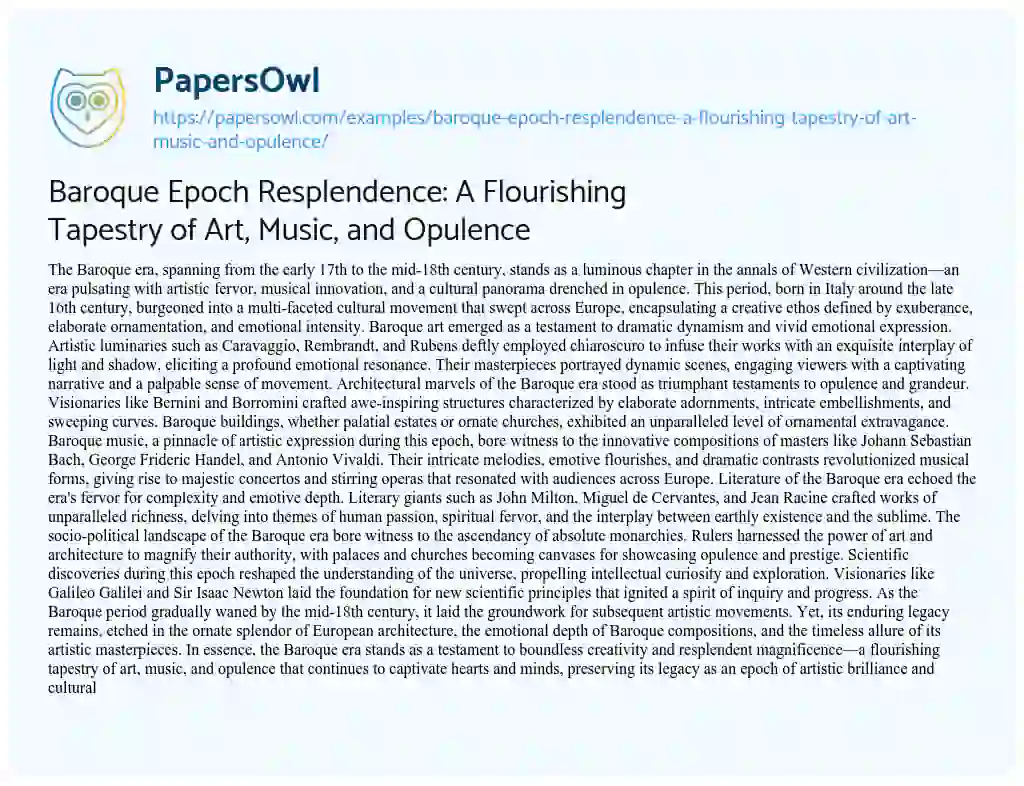 Essay on Baroque Epoch Resplendence: a Flourishing Tapestry of Art, Music, and Opulence