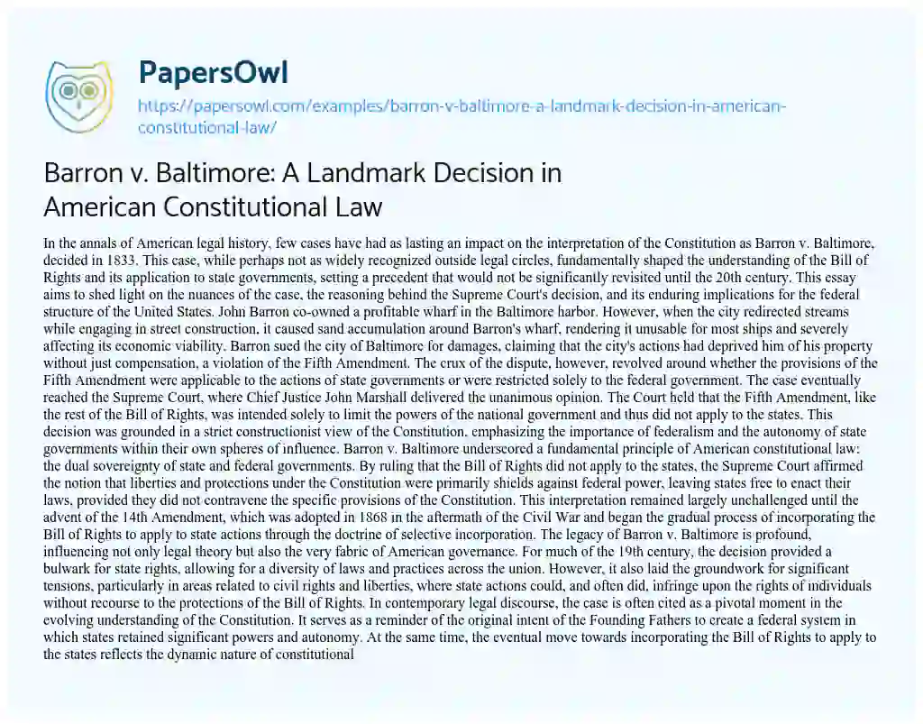 Essay on Barron V. Baltimore: a Landmark Decision in American Constitutional Law