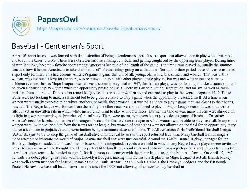 Essay on Baseball – Gentleman’s Sport