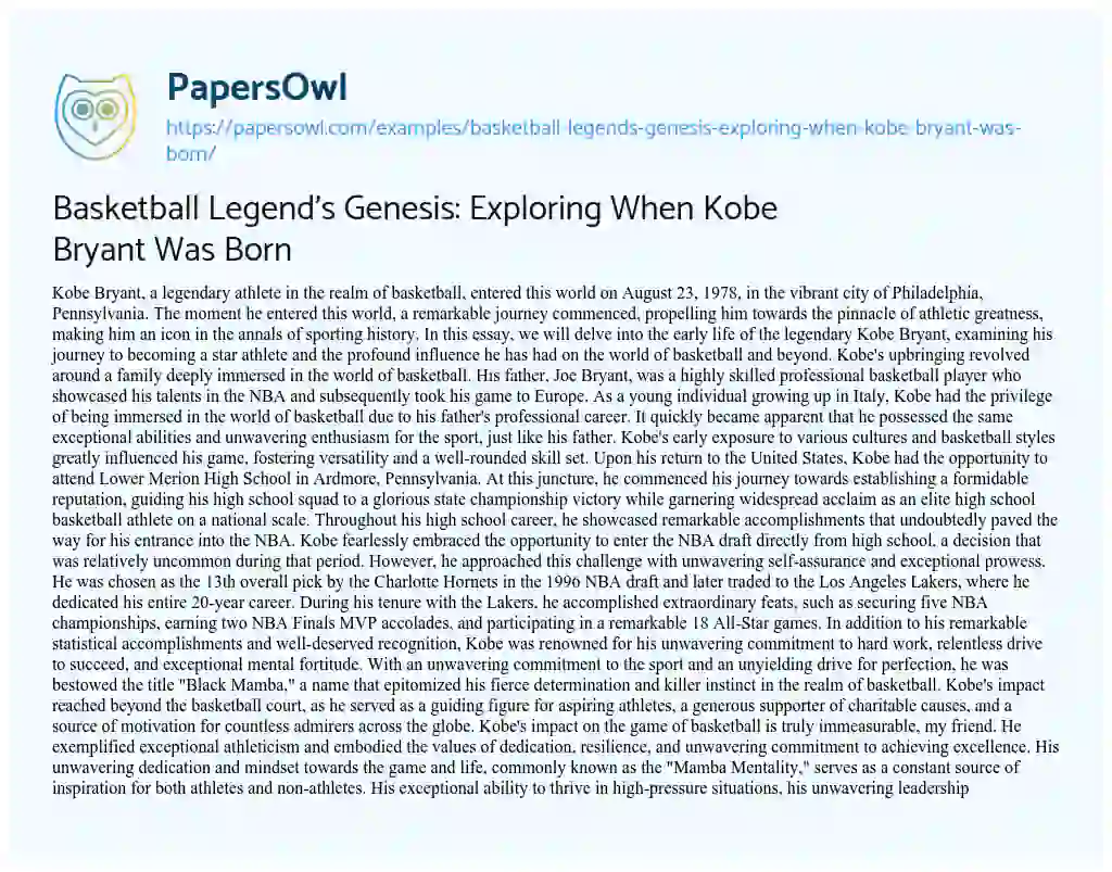 Essay on Basketball Legend’s Genesis: Exploring when Kobe Bryant was Born