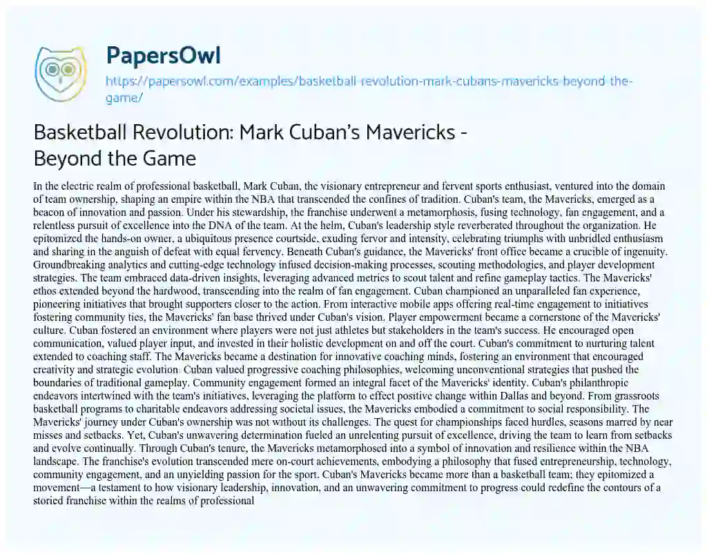 Essay on Basketball Revolution: Mark Cuban’s Mavericks – Beyond the Game