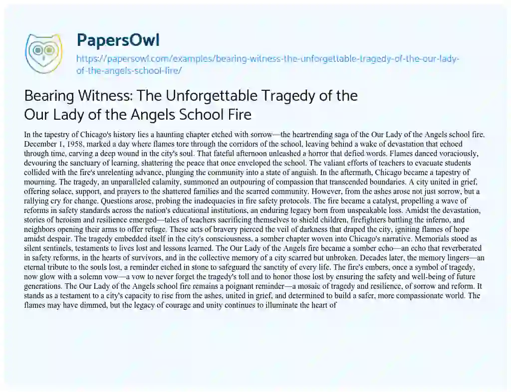 Essay on Bearing Witness: the Unforgettable Tragedy of the our Lady of the Angels School Fire